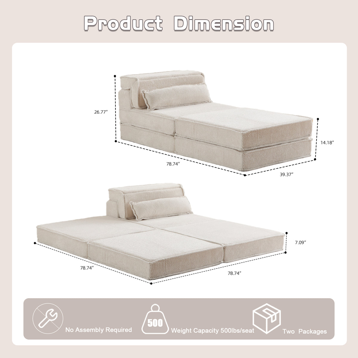 Compression Mahjong Sofa,Convertible Floor Sofa Bed,DIY Boneless Modular Sectional Sofa,No Assembly Required,Circle Fleece Fabric,Oversized Single Seater With 1 Pillow And 1 Ottoman,White