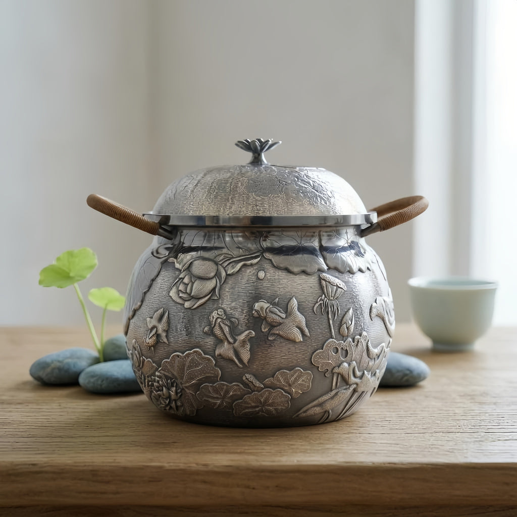 Pure 999 Fine Silver Handcrafted Silver-Toned Pot Featuring Elaborate Silverfish and Lotus Relief Carvings with Rattan Handles - Handicraft