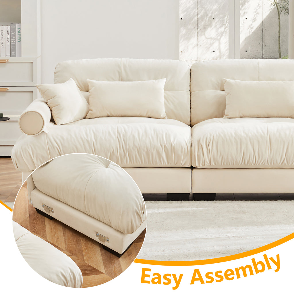 Over Size Modern Two-seater Sofa With Ottoman, Velvet 2-Seater With Round Bolster Armrests,With Waist Pillow And Throw Pillows,Reading Room , Loft And Bedroom,Cream