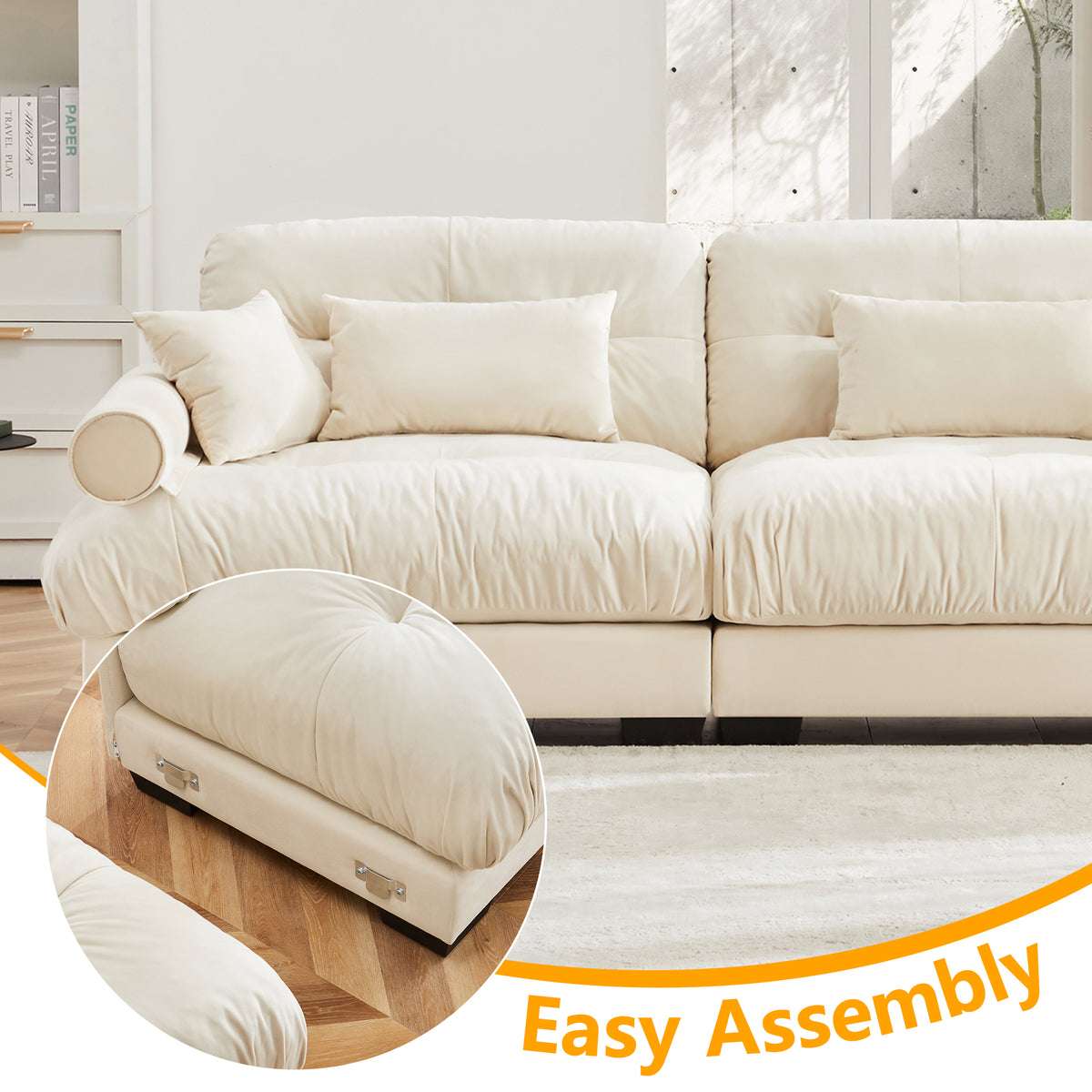 Over Size Modern Two-seater Sofa With Ottoman, Velvet 2-Seater With Round Bolster Armrests,With Waist Pillow And Throw Pillows,Reading Room , Loft And Bedroom,Cream