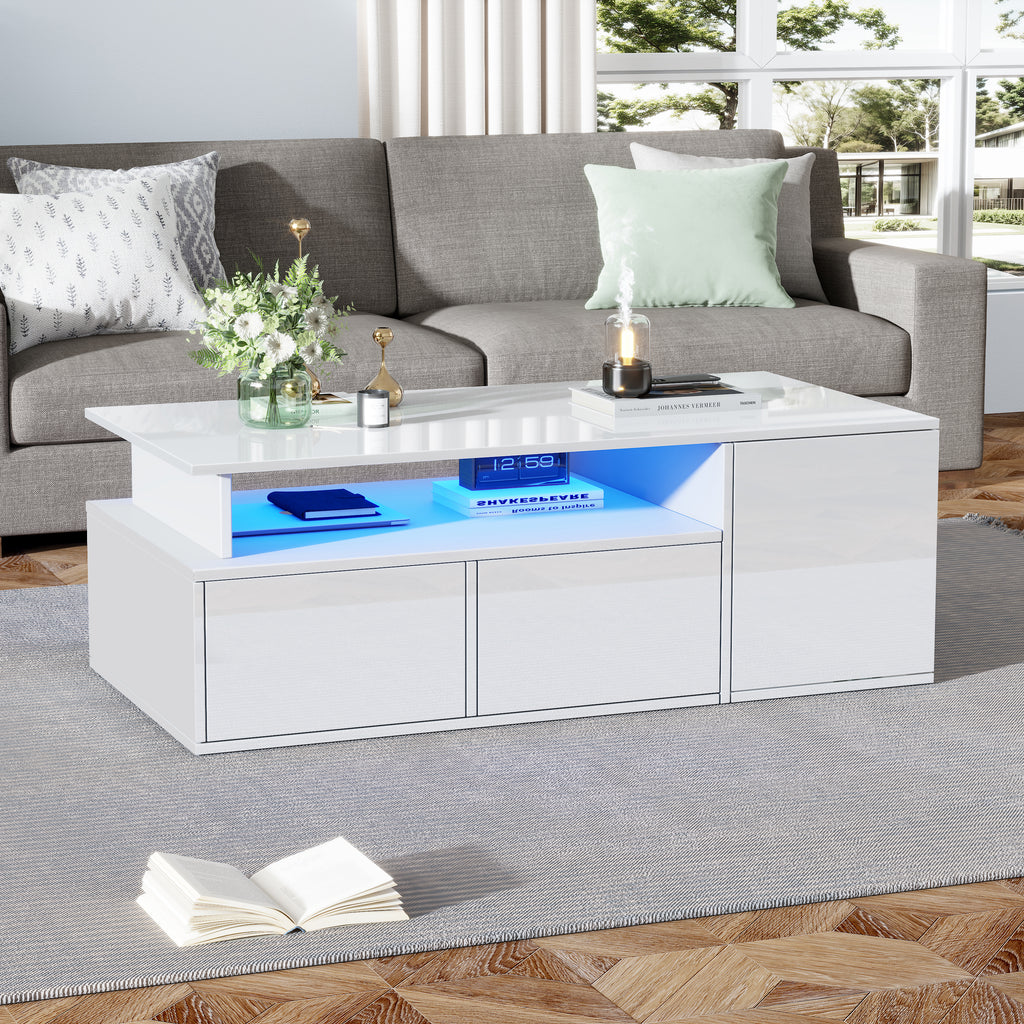 High Gloss Coffee Table With Open Storage, LED Lights, Centre Table With 2 Drawers, Sofa Side Table, Space-saving End Table, Tea Table, 100X50X35cm, White, Particleboard