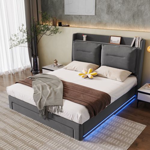 Upholstered Bed, 135x190  4ft6, Double Bed, Hydraulic Bed, 2-in-1 Storage Drawers At The End Of The Bed, Recessed LED Light Strips On Both Sides Of The Bed, Slatted Frame, Velvet,Dark Gray