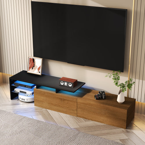 Modern TV Cabinet Design Stylish And Elegant, Practical Storage Space, Black And Wood Look, Glass Shelves, LED Lighting