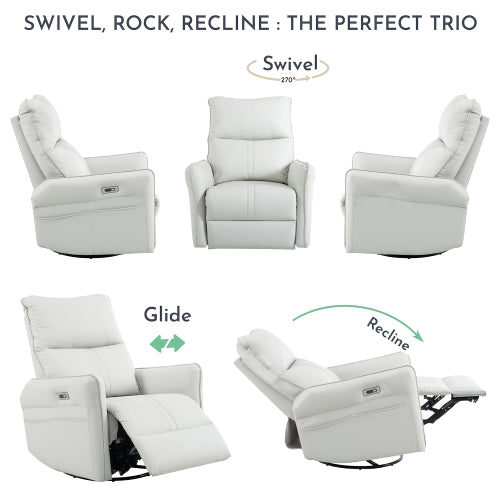 270 Power Swivel Rocker Recliner Chair, PU Leather Electric Glider Reclining Sofa With USB Ports, Power Swivel Glider, Rocking Chair,Nursery Recliners For Living Room Bedroom  Light Gray  270Swivel