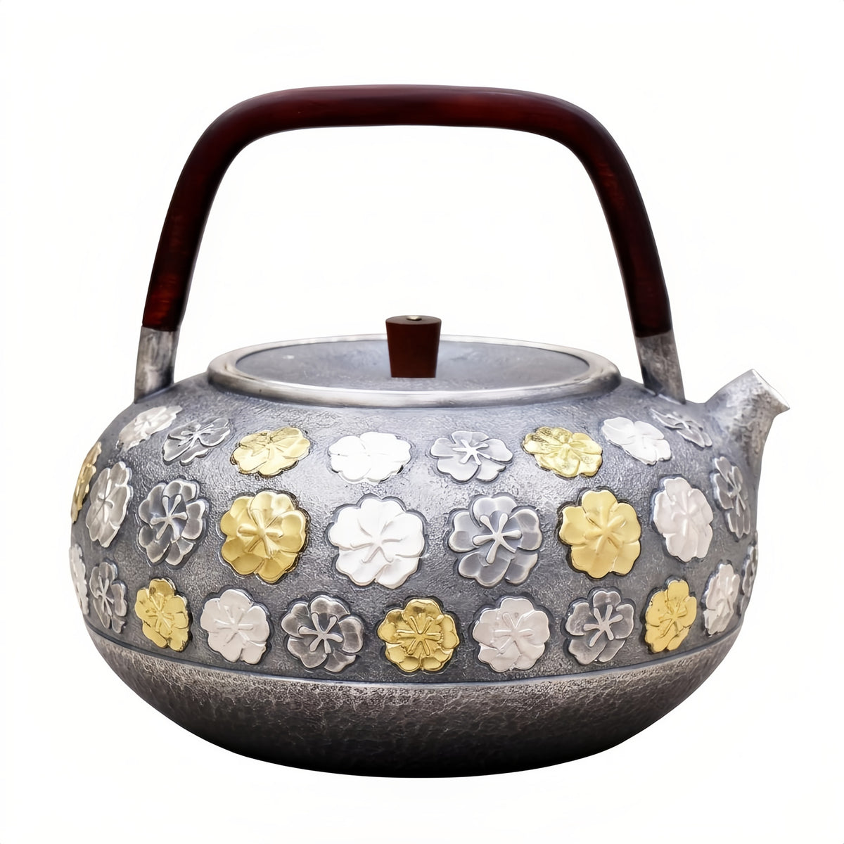 Pure 999 Fine Silver Elegant Silver Teapot with Gilded Floral Relief and Handcrafted Wooden Handle - Handicraft