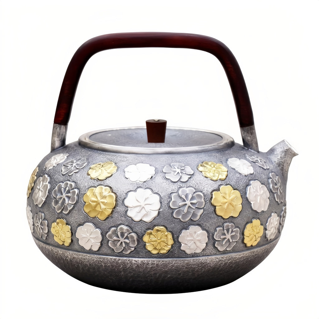Pure 999 Fine Silver Elegant Silver Teapot with Gilded Floral Relief and Handcrafted Wooden Handle - Handicraft