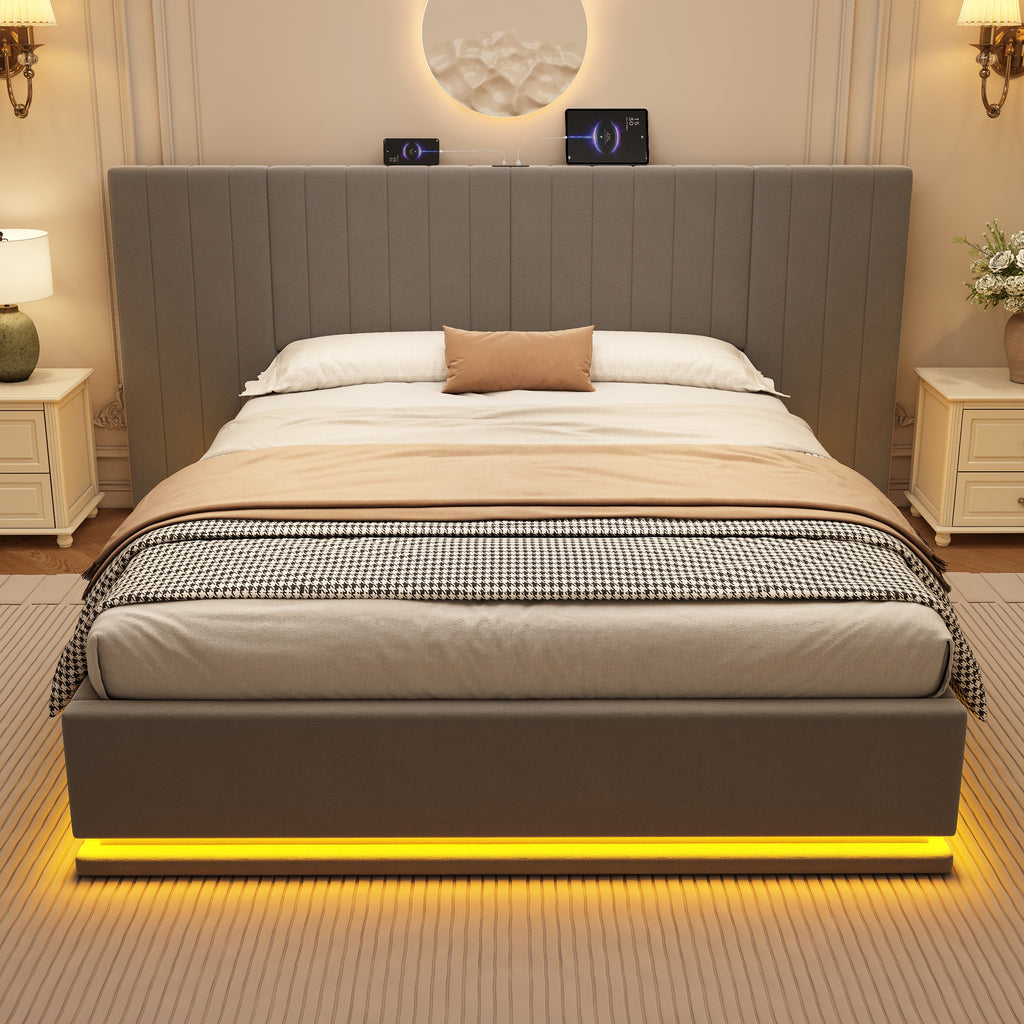 King Ottoman Bed With LED Lighting, Velvet Hydraulic Storage Bed With Charging Station, 5ft King Bed Frame Channel Tufted With Wide Headboard, USB And Type - C Ports, Grey No Mattress