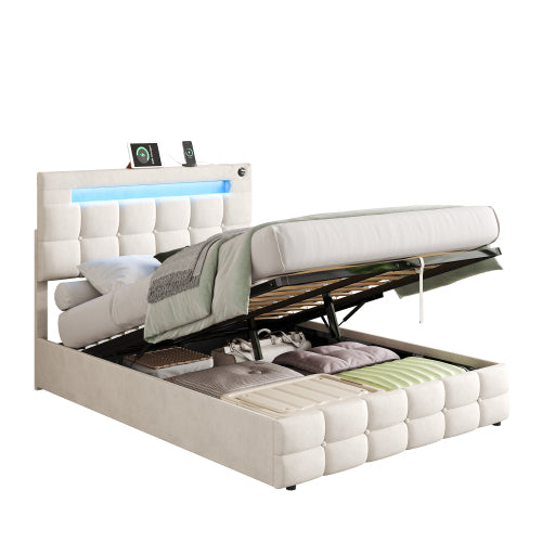 4ft6 Double Upholstered Bed Frame With Hydraulic Storage, Velvet Ottoman Bed With LED Lighting And Charging Station, Double Bed With Adjustable Button Tufted Headboard, Beige