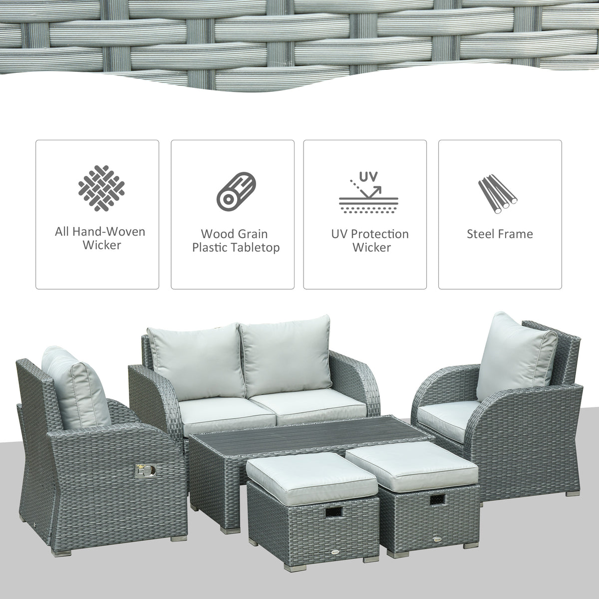 6-PCs Patio Furniture Sets Outdoor Wicker Sofa Set Rattan Angle Adjustable Recline Single Chair Conversation Set, Ottomans, w/ Polyester Tea Table Gas Spring  & Soft Washable Cushions, Grey