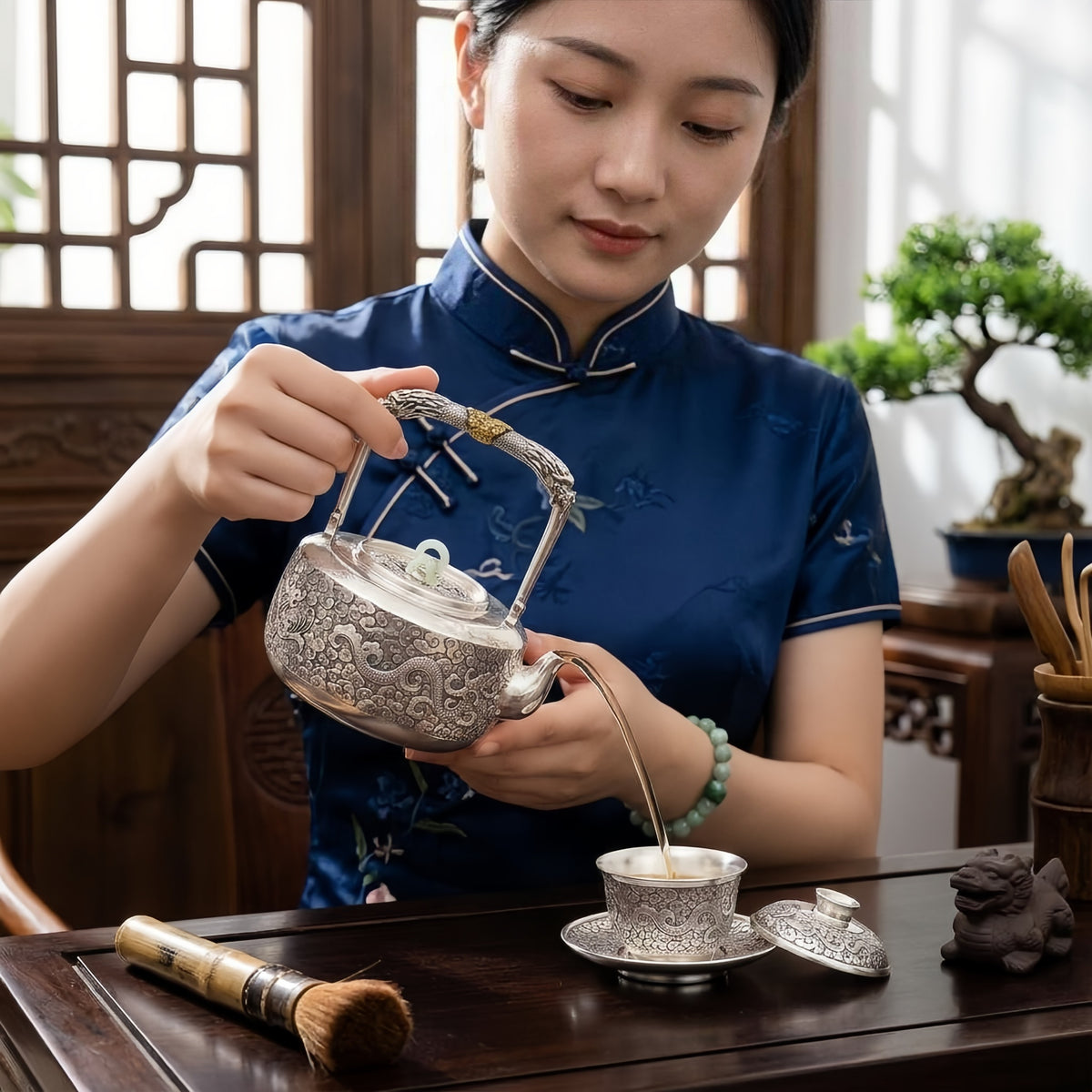 Pure 999 Fine Silver Exquisite Silver Teapot Featuring Intricate Dragon and Cloud Repoussé with Jade Ring Accent - Handicraft