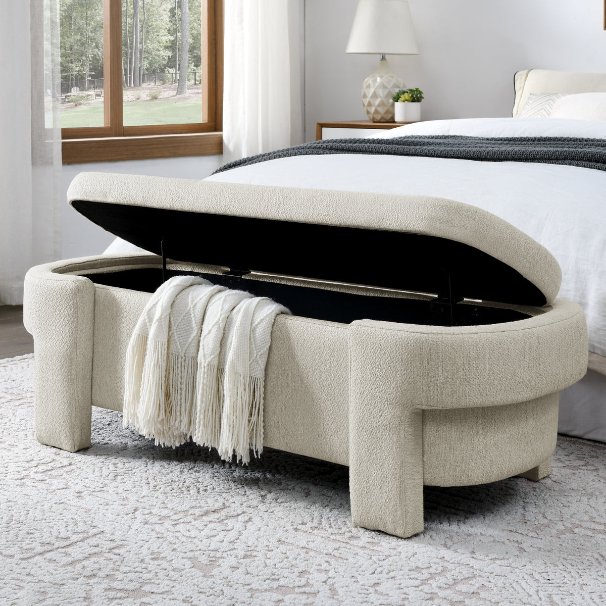 Linen Fabric Bench With Large Storage For Living Room, Entryway, Bedroom