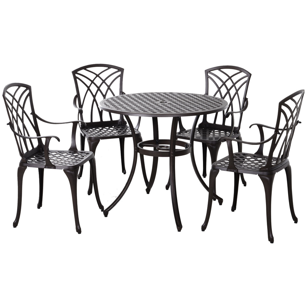 5 Pieces Garden Dining Set For 4, Cast Aluminium Outdoor Dining Set With 4 Armchairs And Round Dining Table With Parasol Hole, Garden Furniture Set, Brown