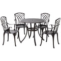5 Pieces Garden Dining Set For 4, Cast Aluminium Outdoor Dining Set With 4 Armchairs And Round Dining Table With Parasol Hole, Garden Furniture Set, Brown