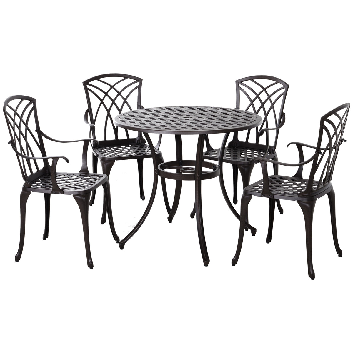 5 Pieces Garden Dining Set For 4, Cast Aluminium Outdoor Dining Set With 4 Armchairs And Round Dining Table With Parasol Hole, Garden Furniture Set, Brown