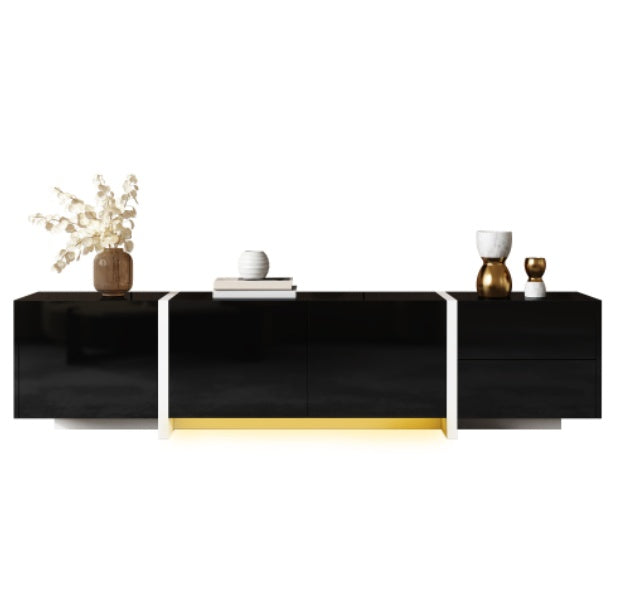 TV Cabinet, Black High-gloss Cabinet And White Contrasting Table Legs, With Simple Cabinet Doors And Drawers.