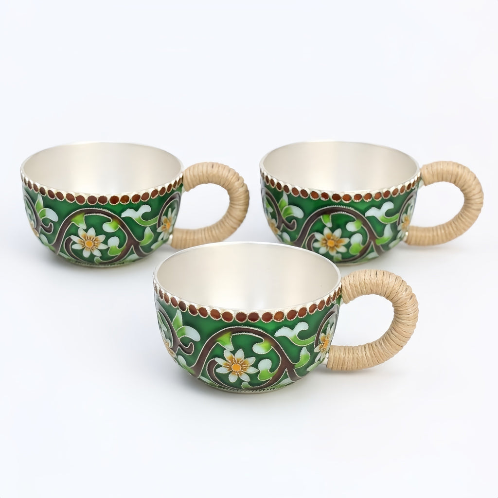 925 Sterling Silver Handcrafted Enamel Floral Cups with Rattan Handles - Handicraft
