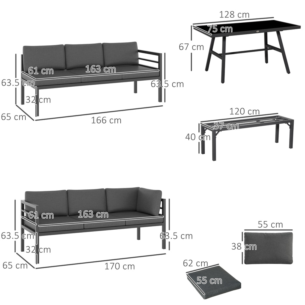 4 Piece L-shaped Garden Furniture Set 8-Seater Aluminium Outdoor Dining Set Conversation Sofa Set W/ Bench, Dining Table & Cushions, Grey