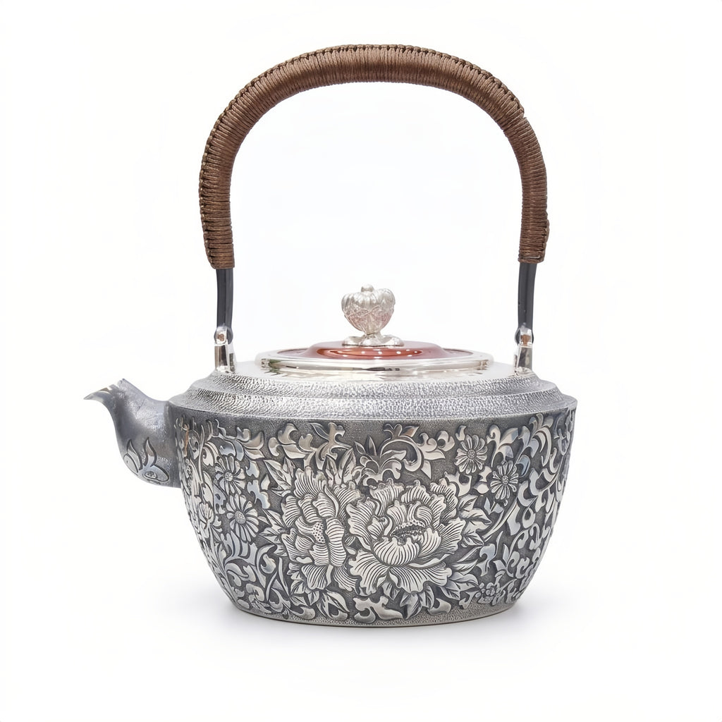 Pure 999 Fine Silver Elegant Hand-Carved Silver Teapot with Intricate Floral Engravings and Cord-Wrapped Handle - Handicraft