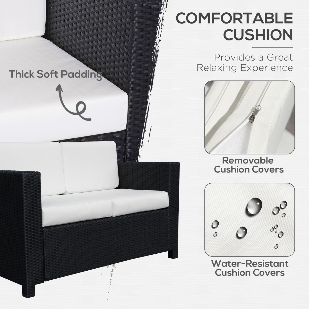 Rattan Sofa, 2 Seater Garden Furniture With Soft Padded Cushion And Armrests, Wicker Garden Loveseat For Patio, Black