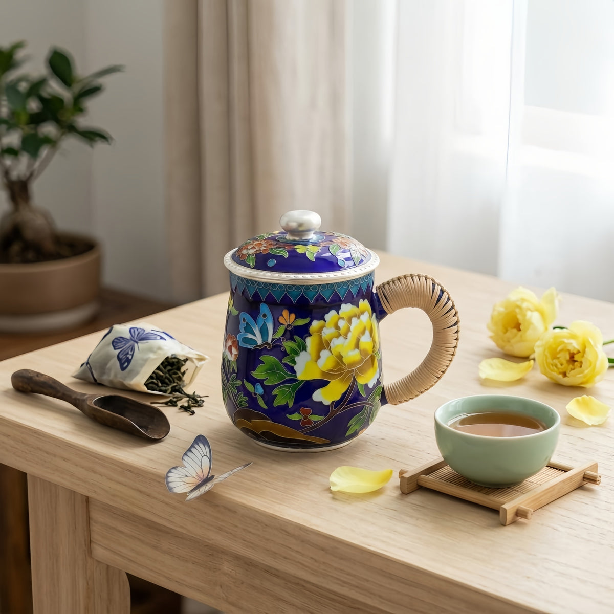 Pure 999 Fine Silver Handcrafted Cobalt Blue Cloisonné Enamel Mug with Butterfly Motifs and Woven Handle - Handicraft