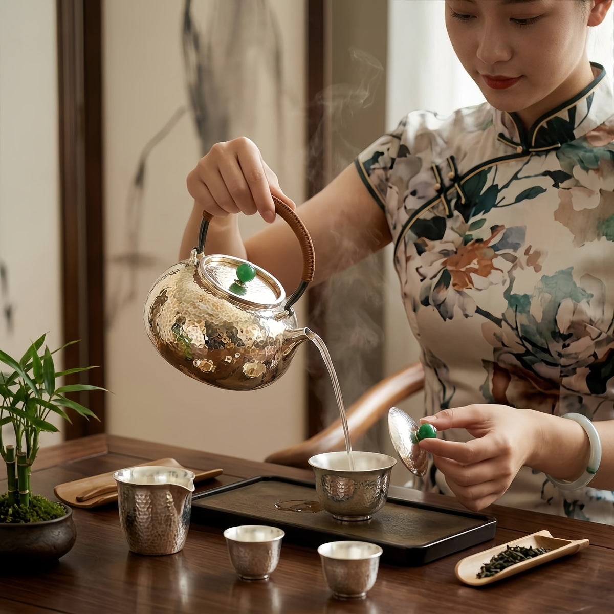 Pure 999 Fine Silver Handcrafted Hammered Silver Teapot with Rattan-Wrapped Handle and Jade Green Lid Knob - Handicraft