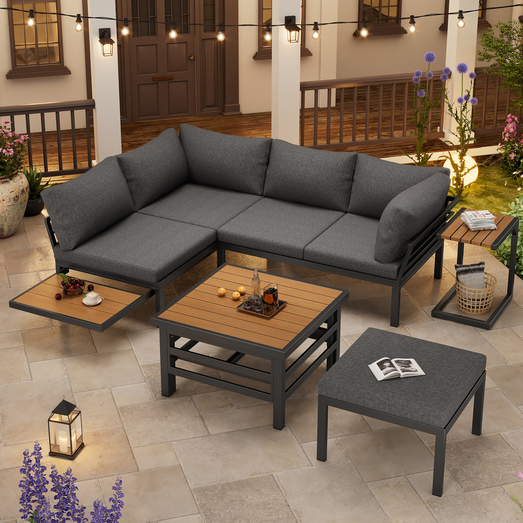 Outdoor Patio Furniture Set  2 Double Sofas  1 Ottoman , 1 Plastic Lift-Top Coffee Table, Galvanized Iron Frame, With Seat Cushions & Pillows, Includes Small Side Table With Extendable Tabletop
