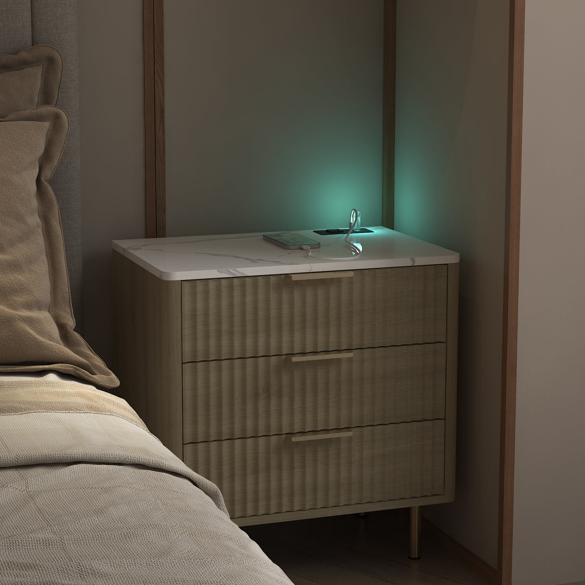 Nightstand With Charging Station, Smart Nightstand With Night Light, Modern Night Stand With Storage Cabinet For Bedroom, Wood