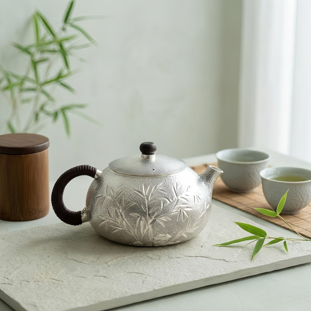 Pure 999 Fine Silver Elegant Hand-Hammered Pure Silver Teapot Featuring Intricate Bamboo Relief and Wrapped Handle - Handicraft