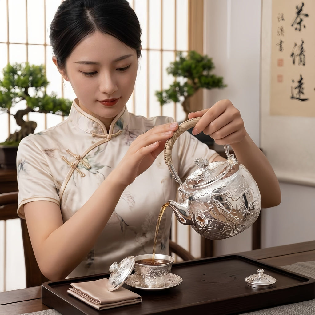 Pure 999 Fine Silver Handcrafted Sterling Silver Teapot with Intricate Landscape Relief and Woven Handle - Handicraft