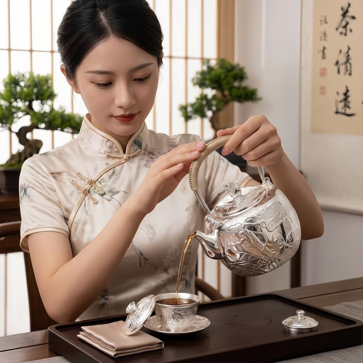 Pure 999 Fine Silver Handcrafted Sterling Silver Teapot with Intricate Landscape Relief and Woven Handle - Handicraft