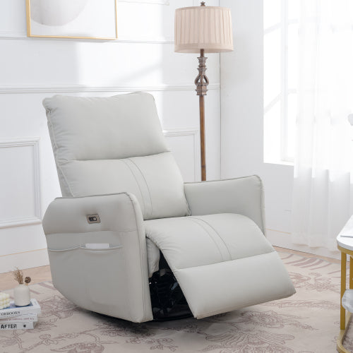 270 Power Swivel Rocker Recliner Chair, PU Leather Electric Glider Reclining Sofa With USB Ports, Power Swivel Glider, Rocking Chair,Nursery Recliners For Living Room Bedroom  Light Gray  270Swivel