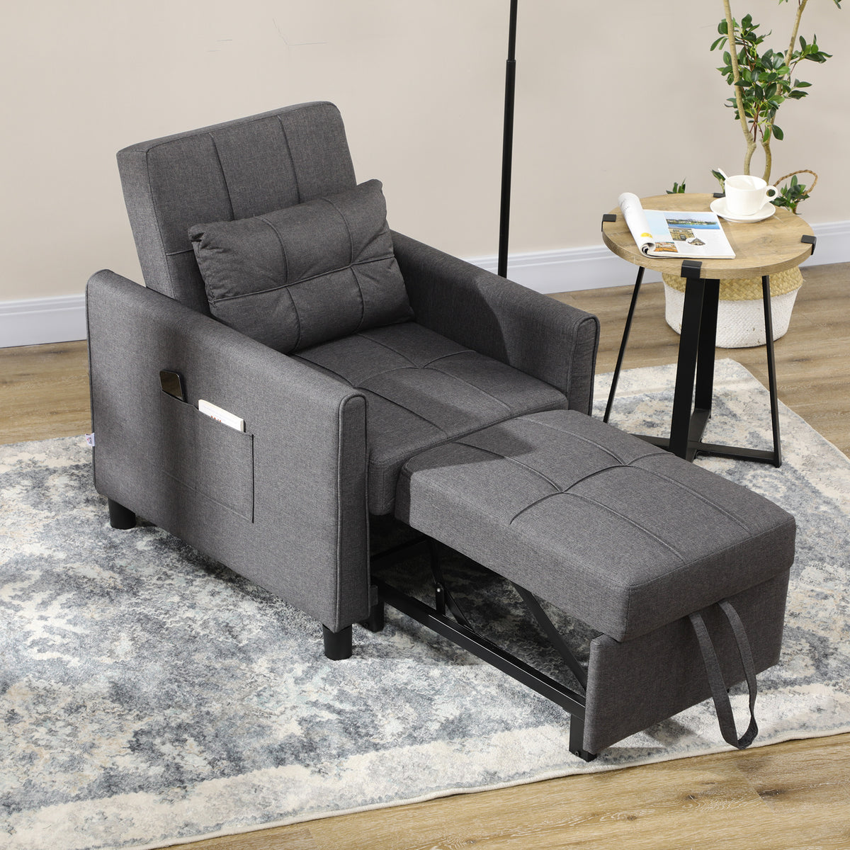 3-in-1 Convertible Chair Bed, Multi-Functional Single Sofa Bed, Pull Out Sleeper Chair with Adjustable Backrest, Pillow, and Pockets, Gray
