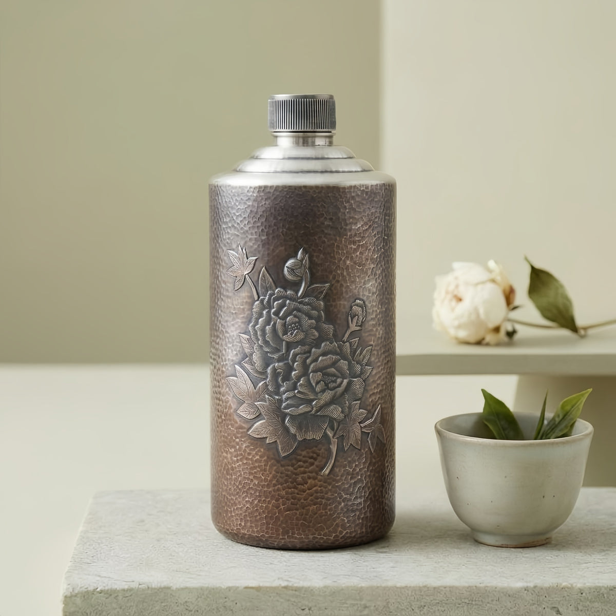 925 Sterling Silver Vintage Hammered Metal Flask with Elegant Embossed Peony Flower Pattern - Handicraft