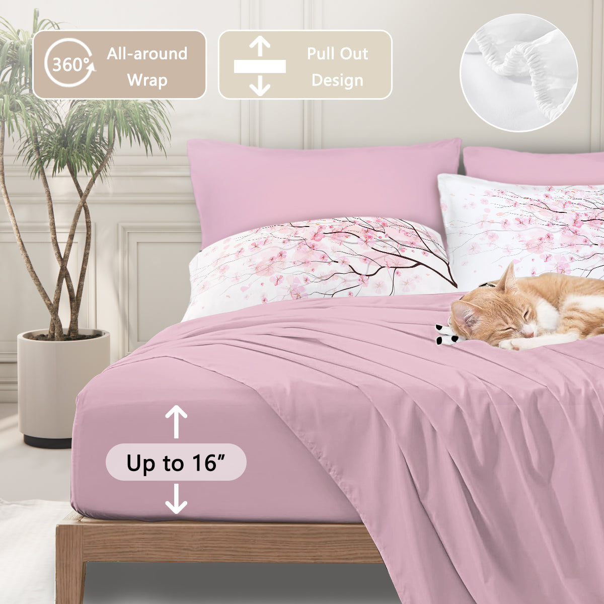 Cherry Blossom Pattern Comforter Set 8PCS Twin Size Soft Bedding Set,1 Comforter,1 Pilow Cover,1 Flat Sheet,1 Fitted Sheet,4 Cushion Cover