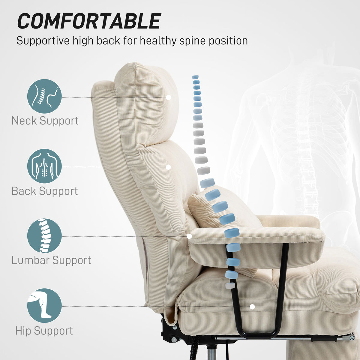 Executive Office Chair With Lumbar Support, Footrest, High Back Reclining Overstuffed Desk Chair With, Cream White
