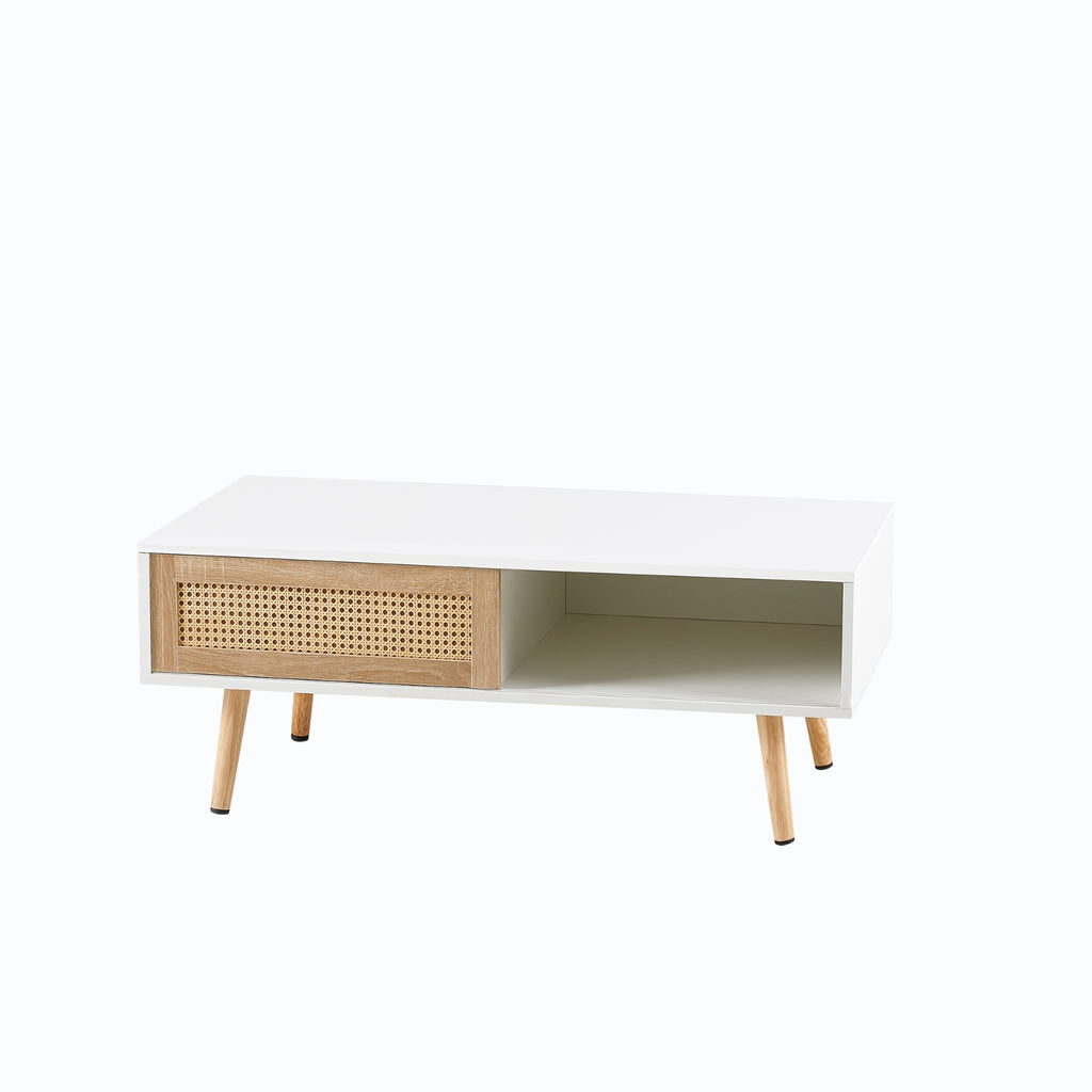 Rattan Coffee Table With Sliding Door And Solid Wood Legs
