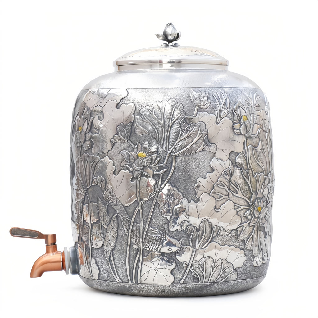 925 Sterling Silver Elegant Metallic Floral Jar with Copper Spout-Premium Water Tank - Handicraft