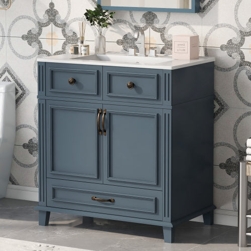 30” Bathroom Vanity with Ceramic Sink | Blue Solid Wood Cabinet