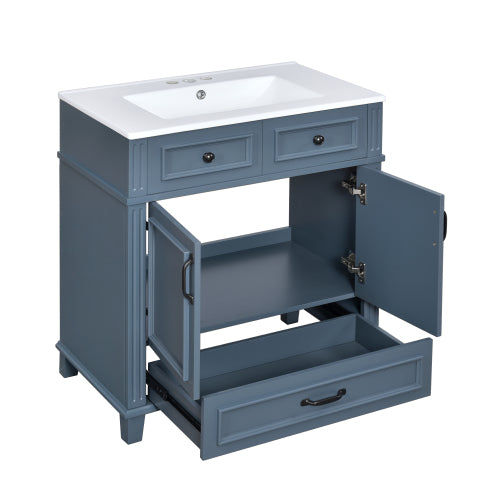 30” Bathroom Vanity with Ceramic Sink | Blue Solid Wood Cabinet
