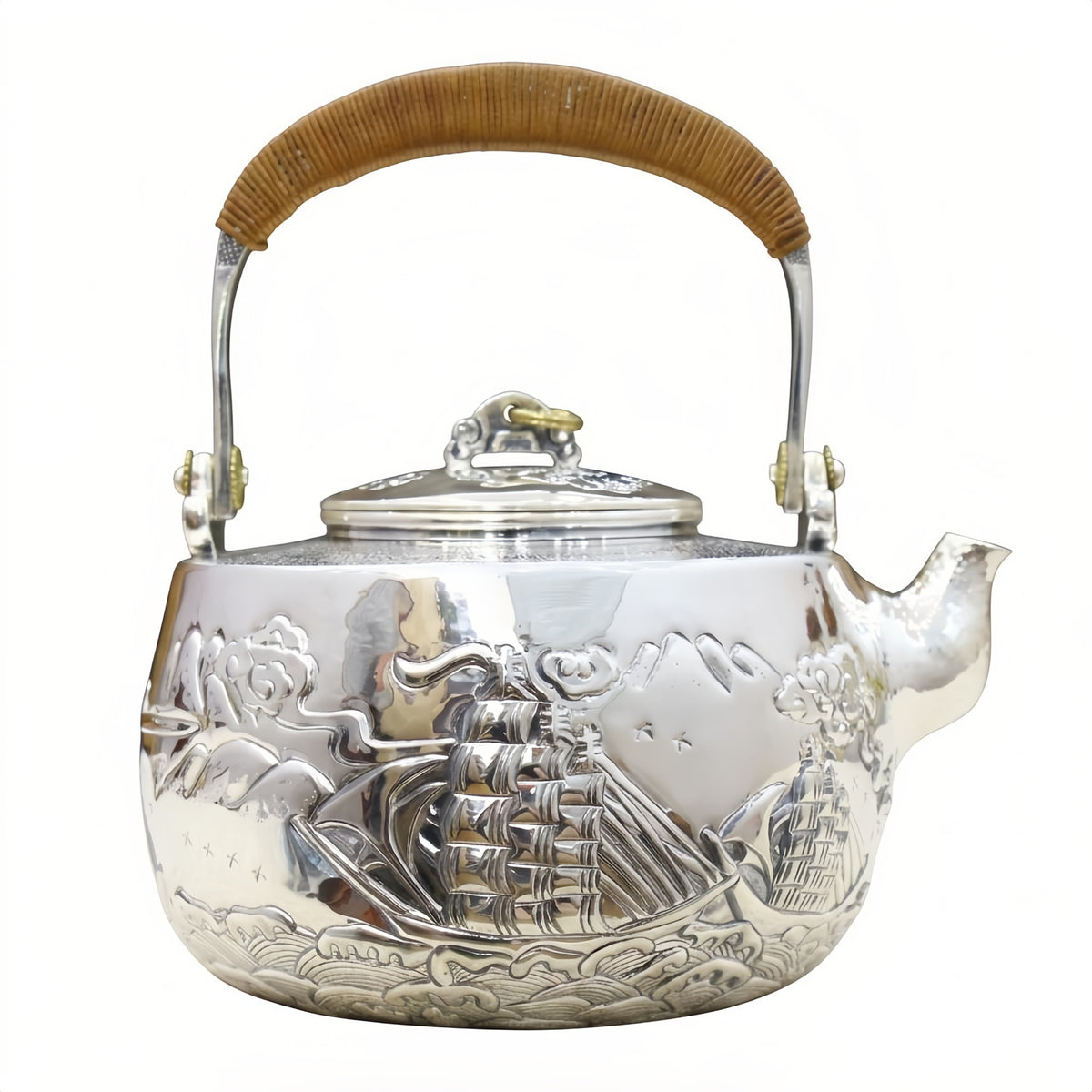 Pure 999 Fine Silver Vintage Handcrafted Silver Teapot Featuring a Detailed Embossed Nautical Sailing Scene - Handicraft