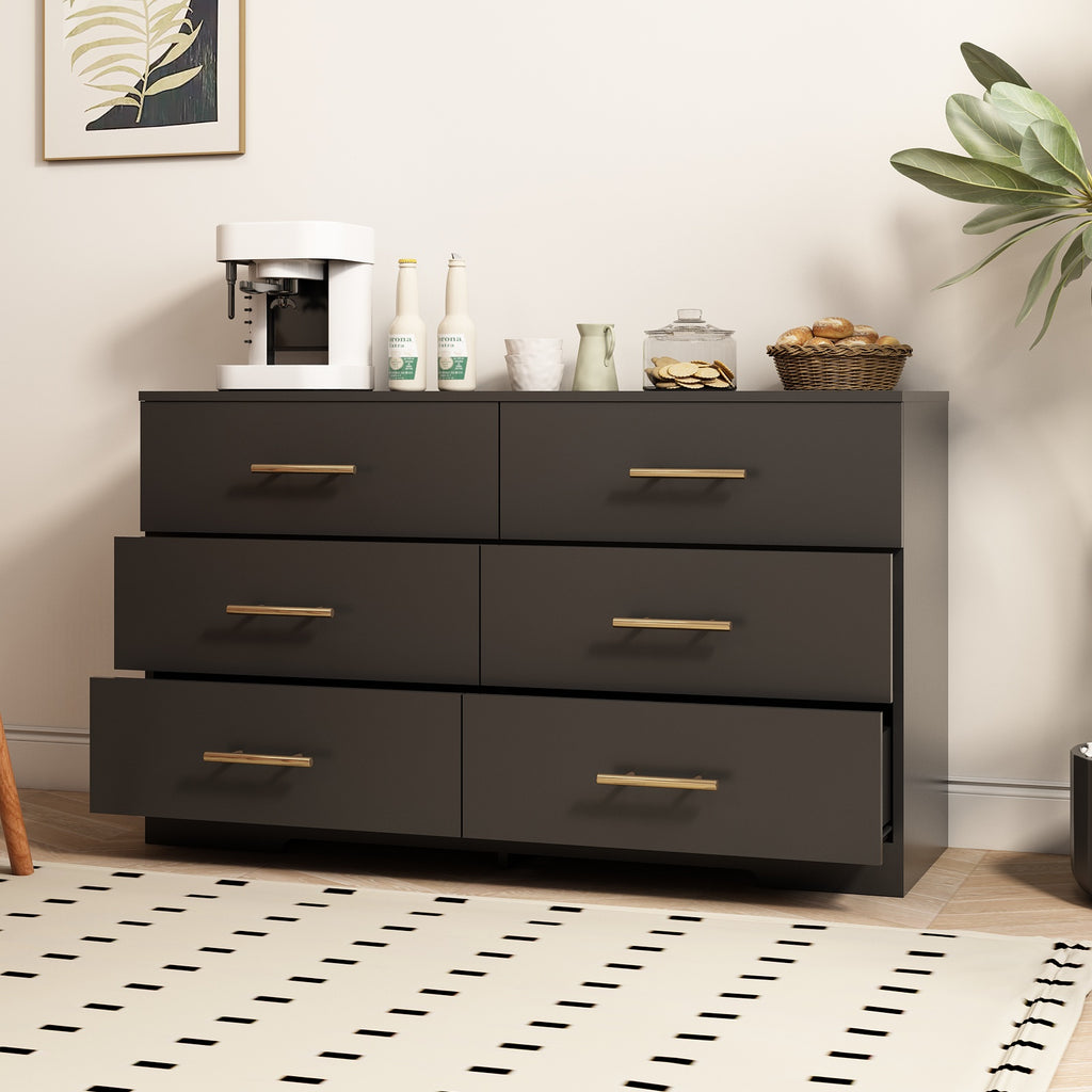 Black Color Large 6 Drawers Chest Of Drawer Dressers Table With Golden Handle
