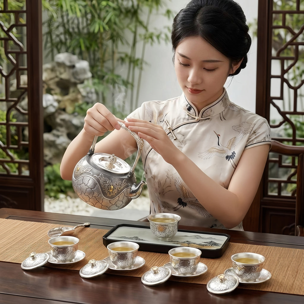 925 Sterling Silver Handcrafted Ornate Silver Teapot with Intricate Engravings and a High Decorative Arched Handle - Handicraft
