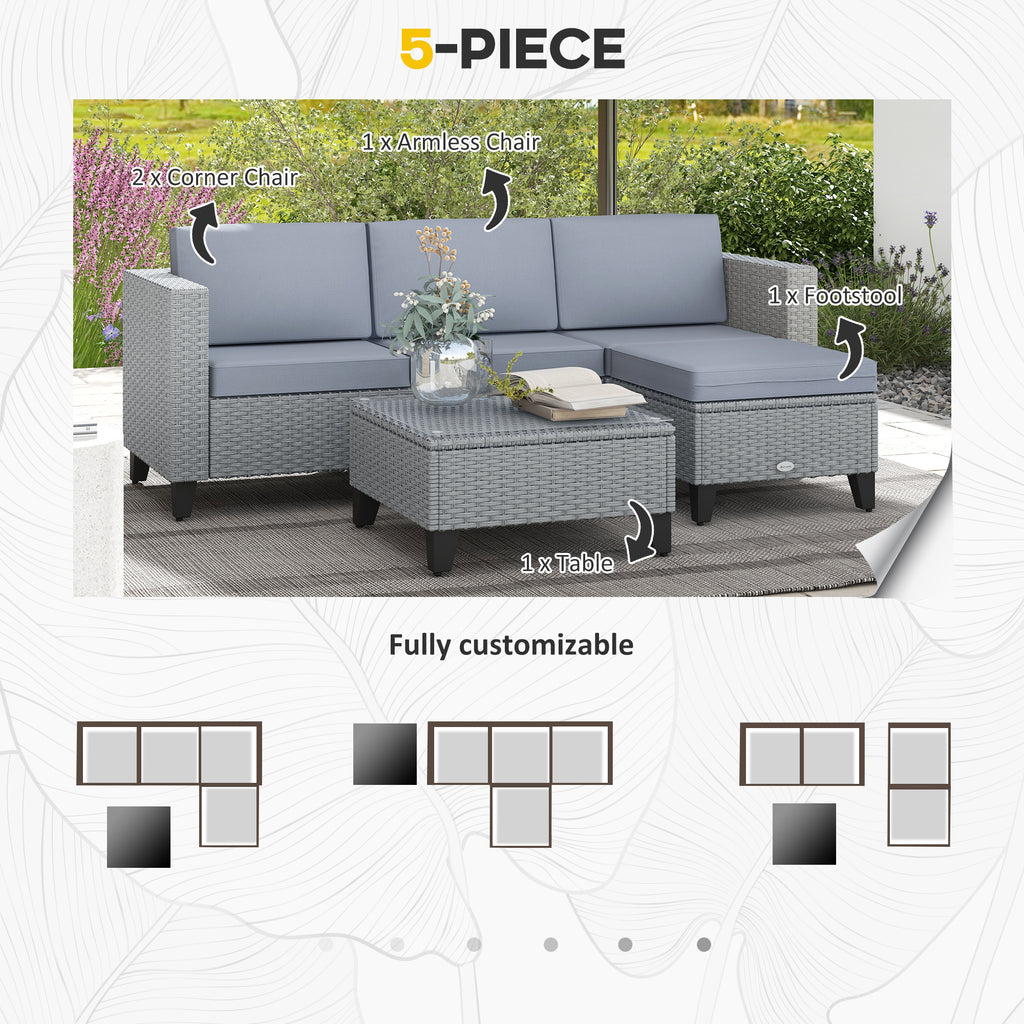 5-Piece Rattan Patio Furniture Set With Corner Sofa, Footstools, Coffee Table, For Poolside, Grey