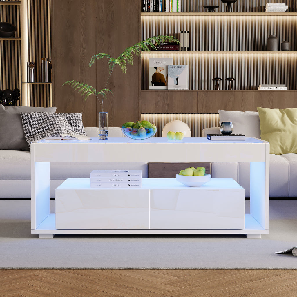 High Gloss Coffee Table With Open Storage, LED Lights, Centre Table With Glass Tabletop, Sofa Side Table With 2 Drawers, Coffee End Table With LED For Living Room, Office, 100X50X40cm, White