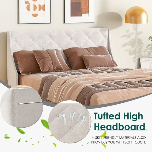 Queen Size Bed Frame With Storage Headboard, Metal Platform Bed No Noise, Mattress Foundation Strong Metal Slats Support No Box Spring Needed