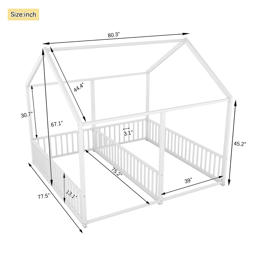 Metal Twin Size House Platform Beds, Two Shared Beds, White