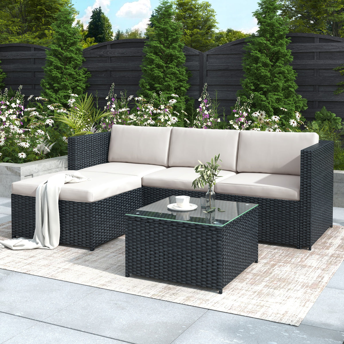 Garden Corner Sofa Rattan Garden Furniture Patio Set Garden Entertaining Set Garden Rattan Furniture Lounge Set,Black
