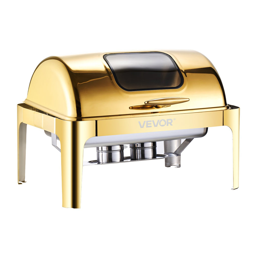 9Qt Rectangle Roll Top Chafing Dish Set With Full-Size Pan Stainless Steel Gold