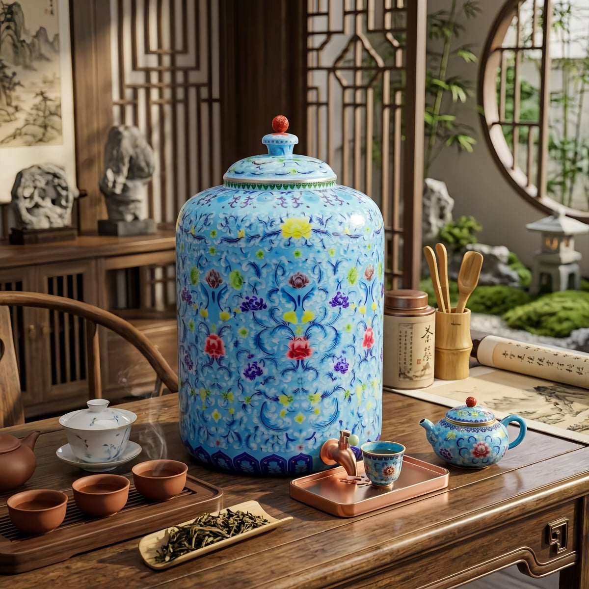 Pure 999 Fine Silver Ornate Blue Floral Ceramic Water Dispenser with Matching Lid and Copper Tap Spigot - Handicraft
