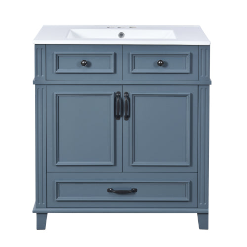 30” Bathroom Vanity with Ceramic Sink | Blue Solid Wood Cabinet